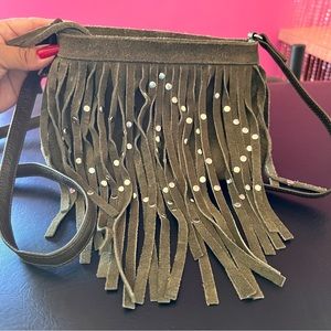 Day & Mood Crossbody Bag Purse Green Suede Leather Fringe with Silver Studs